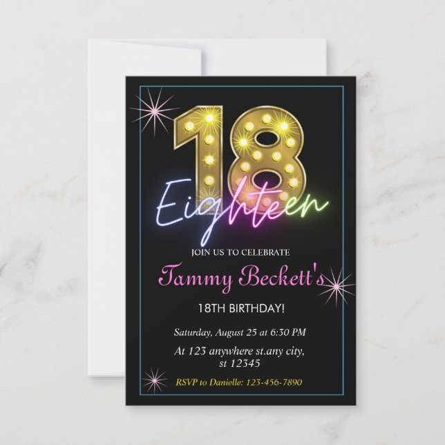Colourful  Neon 18th Birthday Marquee Lightsk Invitation (Front)