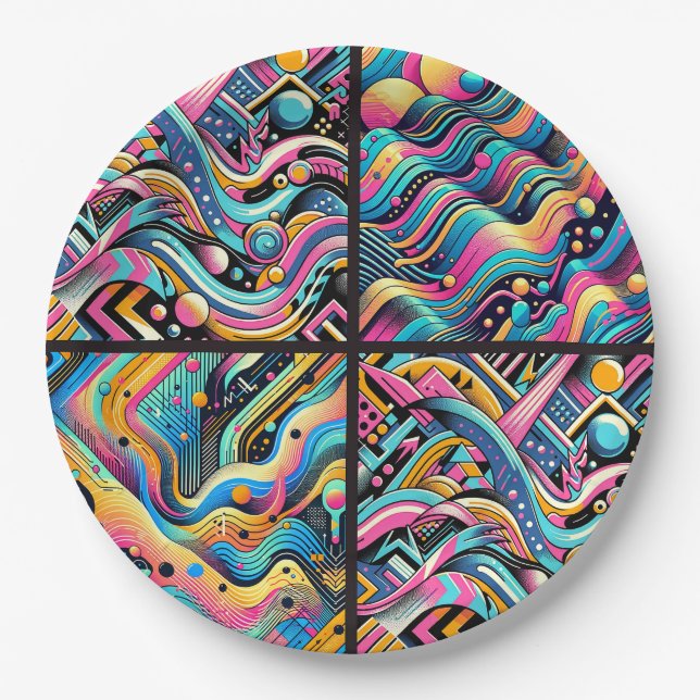 Colourful Neon Bright Abstract 90's Pattern Print Paper Plate (Front)