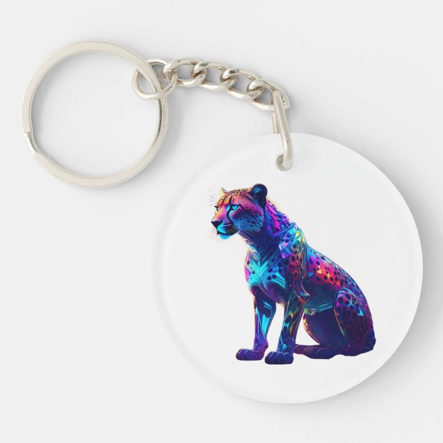 Colourful Neon Cheetah Art – Glowing Wild Cat Keychain (Front)