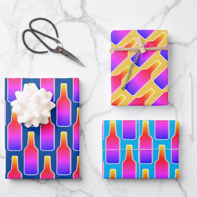 Colourful neon colour beer bottle silhouette print wrapping paper sheet (Front)
