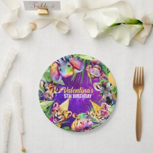 Colourful Neon Glow Jungle Safari Party Animals Paper Plate