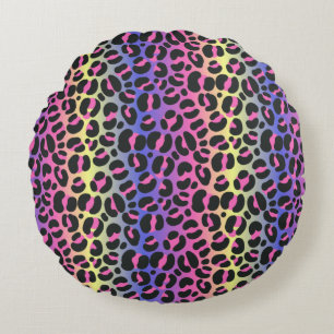 Colourful Neon Gradient Leopard Print Round Pillow