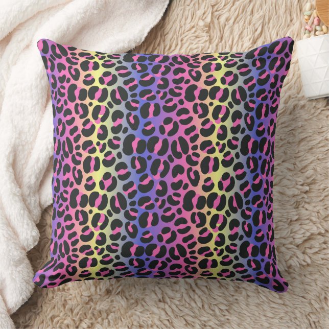 Colourful Neon Gradient Leopard Print Throw Pillow (Blanket)