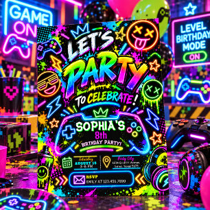 Colourful Neon Graffiti Gaming Birthday Party Invitation