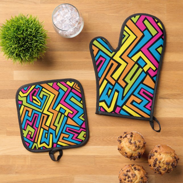 Colourful Neon Graffiti Street Art Pattern   Oven Mitt & Pot Holder Set (Top Down)