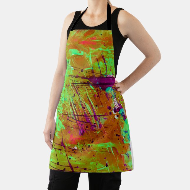 Colourful Neon Green Abstract Splatter Paint Apron (Insitu)