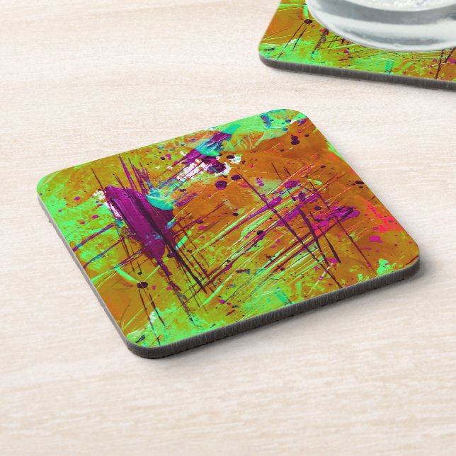 Colourful Neon Green Abstract Splatter Paint Coaster (Left Side)