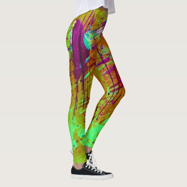 Colourful Neon Green Abstract Splatter Paint Leggings (Right)