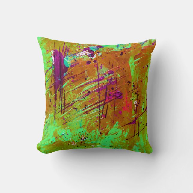 Colourful Neon Green Abstract Splatter Paint Throw Pillow (Front)