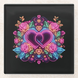 Colourful neon heart Valentine's day Glass Coaster