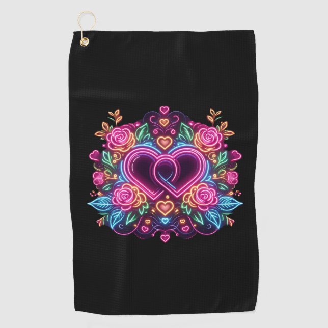 Colourful neon heart Valentine's day  Golf Towel (Front)