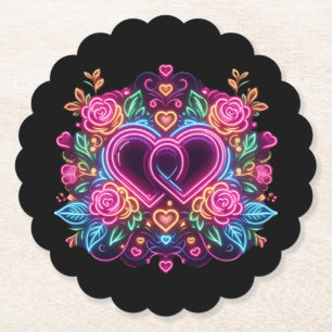 Colourful neon heart Valentine's day Paper Coaster