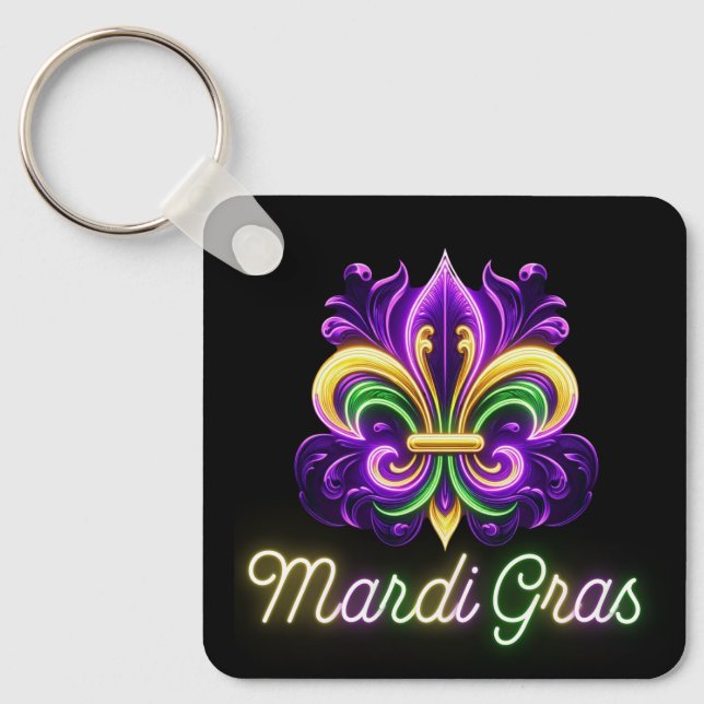 Colourful Neon Mardi Gras Fleur de lis Keychain (Front)