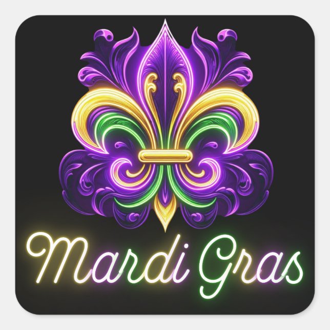 Colourful Neon Mardi Gras Fleur de lis Square Sticker (Front)