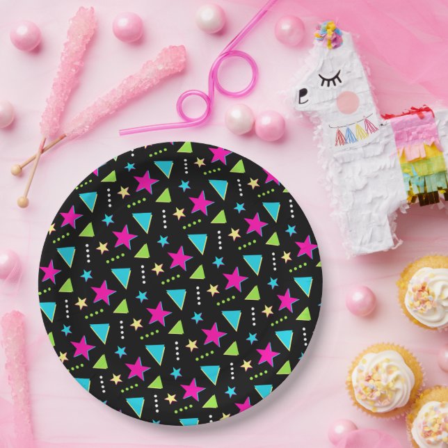 Colourful Neon Memphis Pattern Retro Birthday Part Paper Plate (Party)