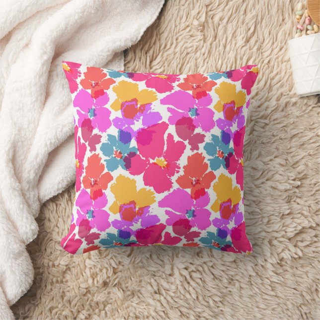 Colourful Neon Modern Flower Pattern Throw Pillow (Blanket)