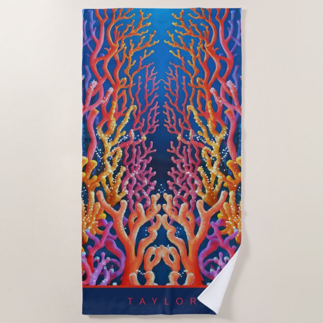 Colourful Neon Orange Ocean Coral Personalized Beach Towel (Front)