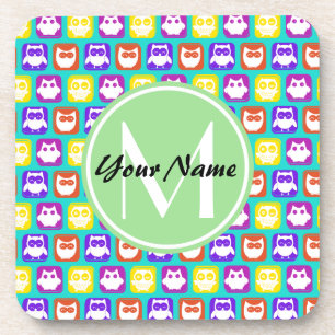 Colourful Neon Owl Custom Monogram, Personalized Coaster