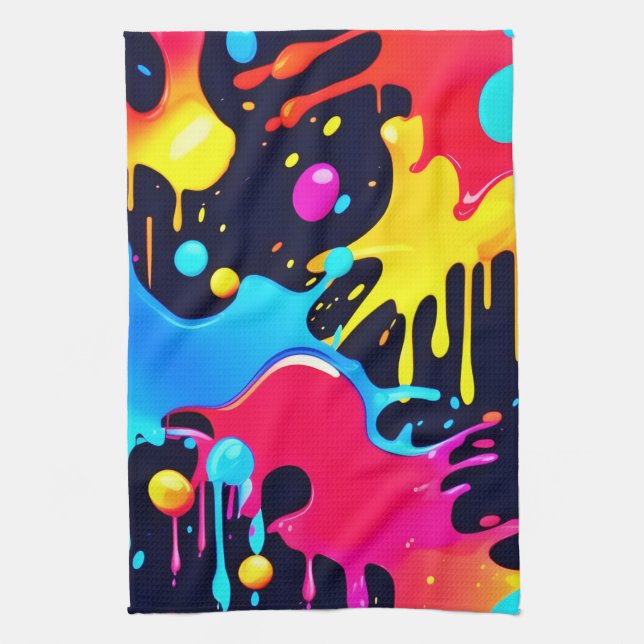 Colourful Neon Paint Splatter Art Kitchen Towel (Vertical)