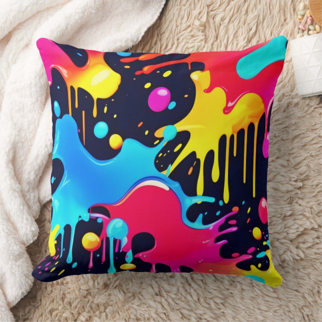 Colourful Neon Paint Splatter Art Throw Pillow (Blanket)