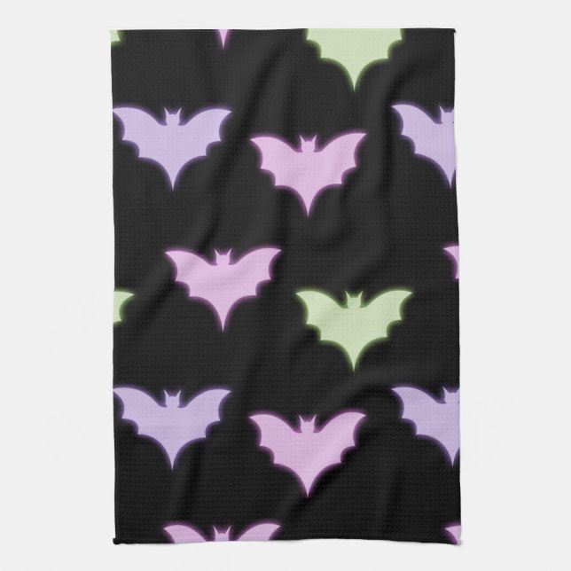Colourful Neon Pink Purple Green  Bats Halloween   Kitchen Towel (Vertical)
