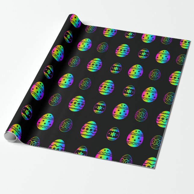 Colourful Neon Rainbow Easter Egg Pattern Black Wrapping Paper (Unrolled)