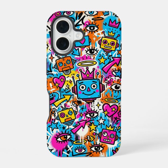 Colourful Neon Robot Pattern iPhone 16 case (Back)