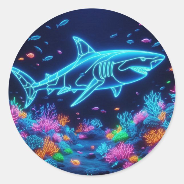 Colourful neon shark  classic round sticker (Front)