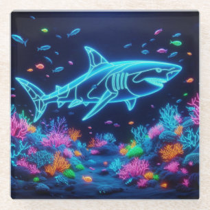 Colourful neon shark glass coaster