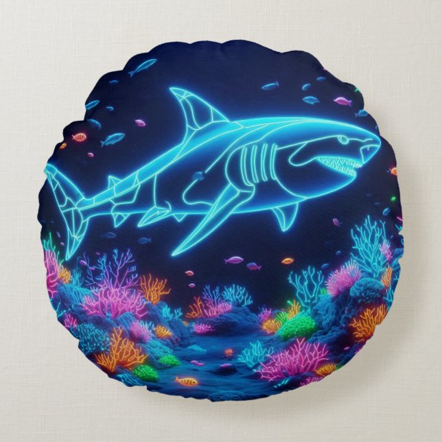 Colourful neon shark  round pillow (Front)