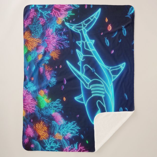 Colourful neon shark  sherpa blanket (Front)