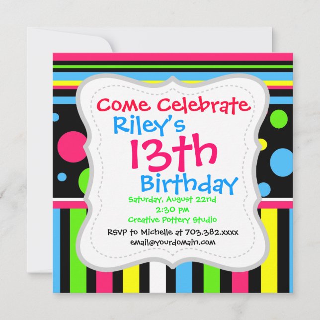 Colourful Neon Stripes Polka Dots Pink Blue Green Invitation (Front)