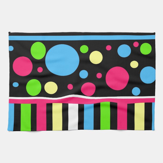 Colourful Neon Stripes Polka Dots Pink Blue Green Kitchen Towel (Horizontal)