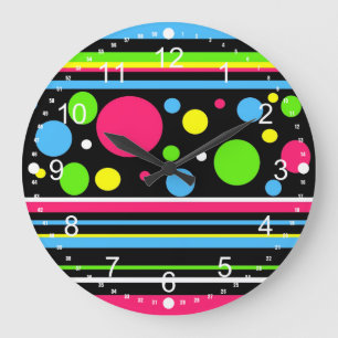 Colourful Neon Stripes Polka Dots Pink Teal Lime Large Clock