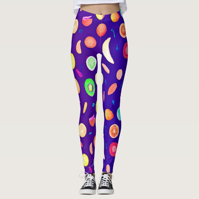 Colourful Neon Tropical Fruit Pattern Leggings (Front)