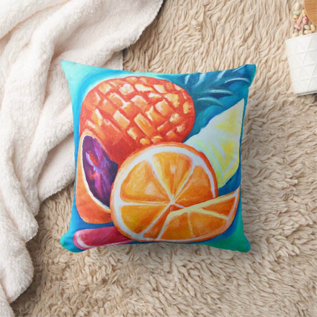 Colourful Neon Tropical Fruits Throw Pillow (Blanket)