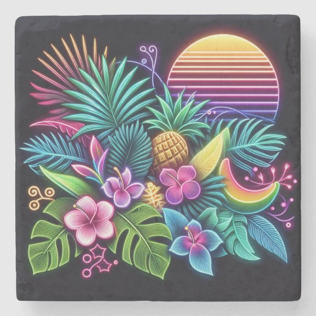 Colourful Neon tropical/Hawaiian Stone Coaster (Front)