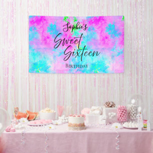Colourful Neon Watercolor Sweet Sixteen Party Banner