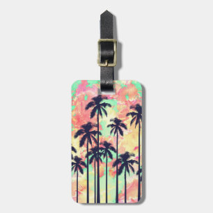 Colourful Neon Watercolor with Black Palm Trees Luggage Tag