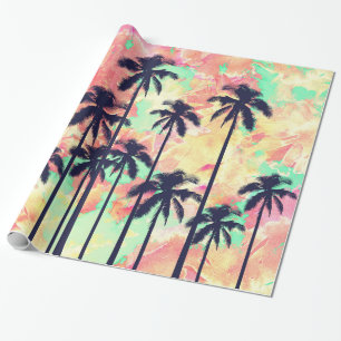 Colourful Neon Watercolor with Black Palm Trees Wrapping Paper