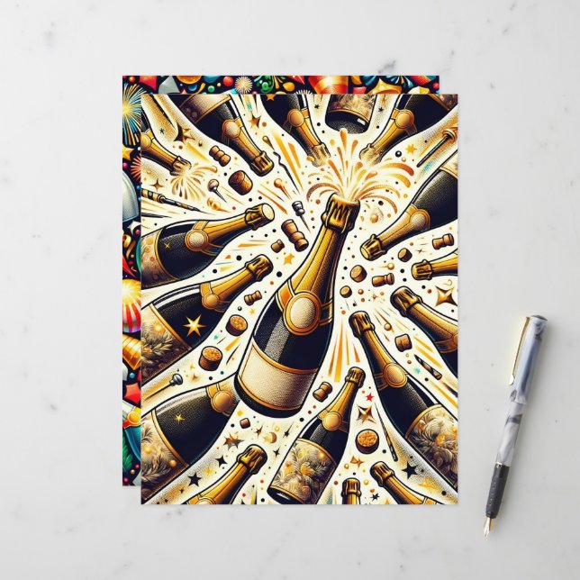 Colourful New Year Celebration Scrapbook Paper (Front/Back In Situ)
