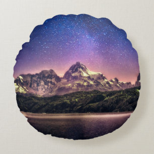 Colourful night sky landscape with starry starry s round pillow