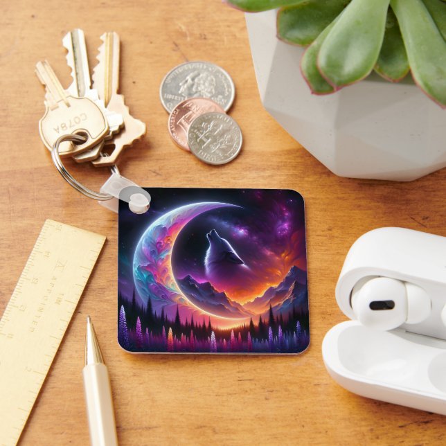 Colourful night sky Wolf howl crescent moon Keychain (Desk)