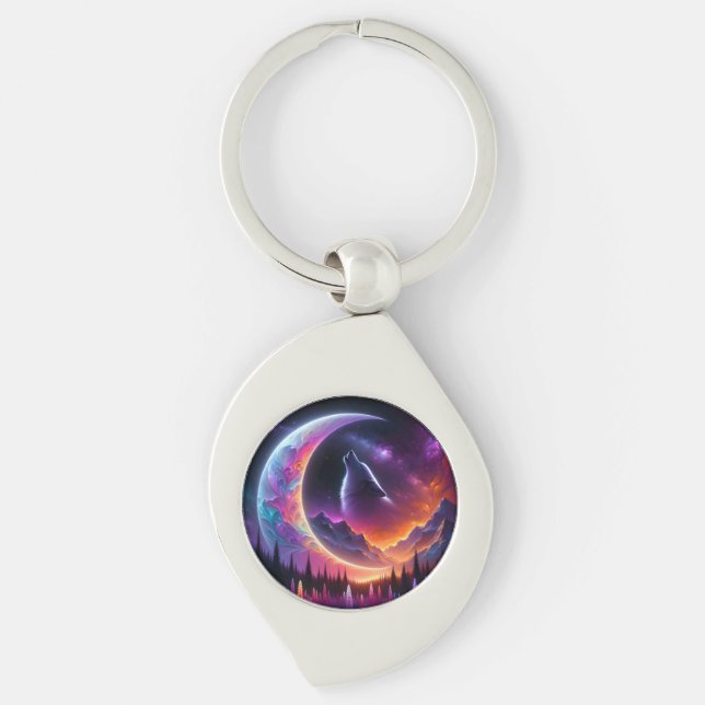 Colourful night sky Wolf howl crescent moon Keychain (Front)