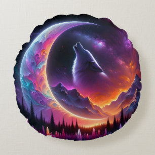 Colourful night sky Wolf howl crescent moon Round Pillow