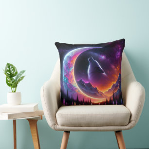 Colourful night sky Wolf howl crescent moon Throw Pillow