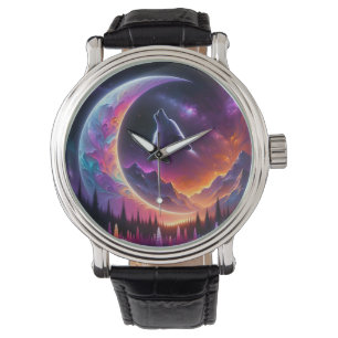 Colourful night sky Wolf howl crescent moon Watch