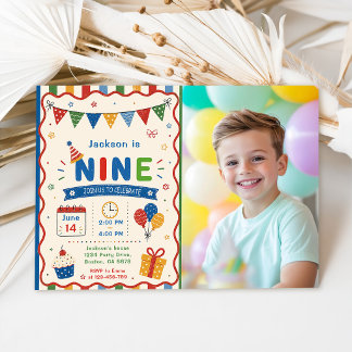 Colourful NINE 9th Birthday Party Invitation