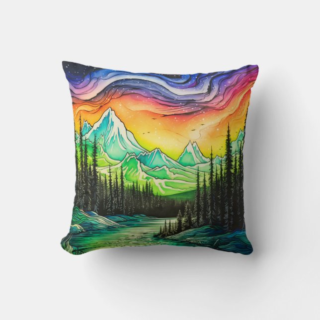Colourful Northern Light Illustration Throw Pillow (Front)