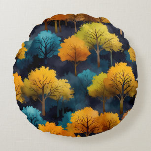 Colourful November Trees Sitting on a Hillside Round Pillow